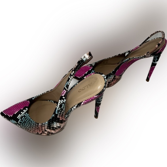 ALDO Pink Black Animal Snake Print Slingback Stiletto Pointy Toe Heels Size 7.5 - Picture 7 of 7